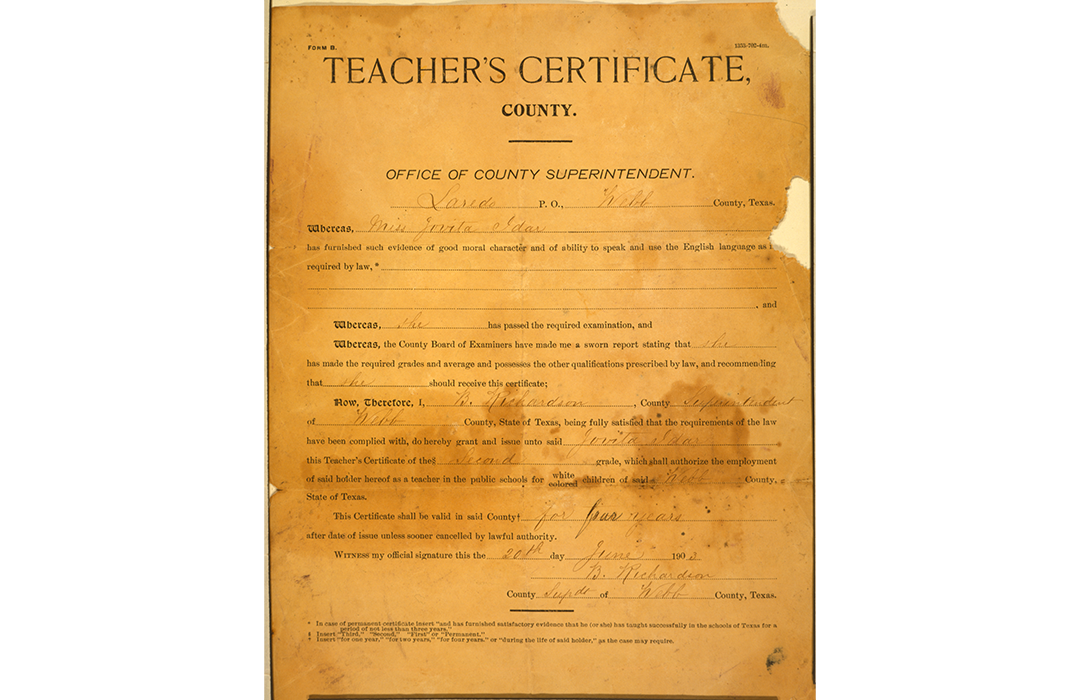 Teacher's Certificate for Jovita Idar